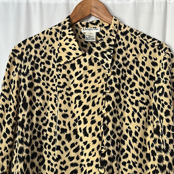 Christian Dior Auth 💯% Silk Leopard Spot Long Sleeve Shirt Top **Size 14** 🐆🐆 - Picture 3 of 5